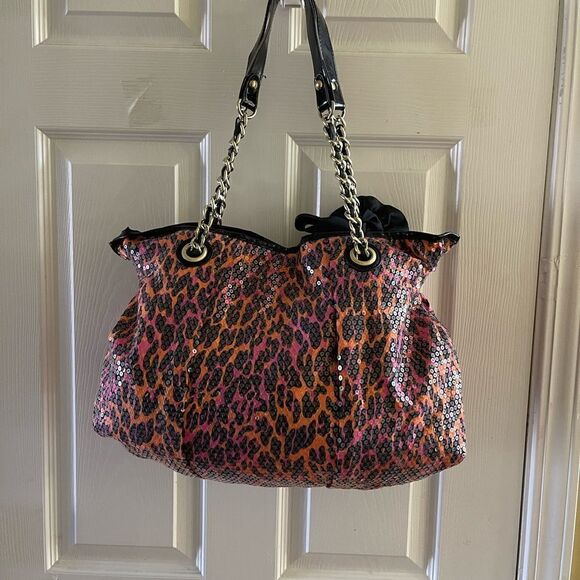 Betsey Johnson Fabric sequins leopard print orange,hot pink & black shoulder bag - Picture 4 of 12